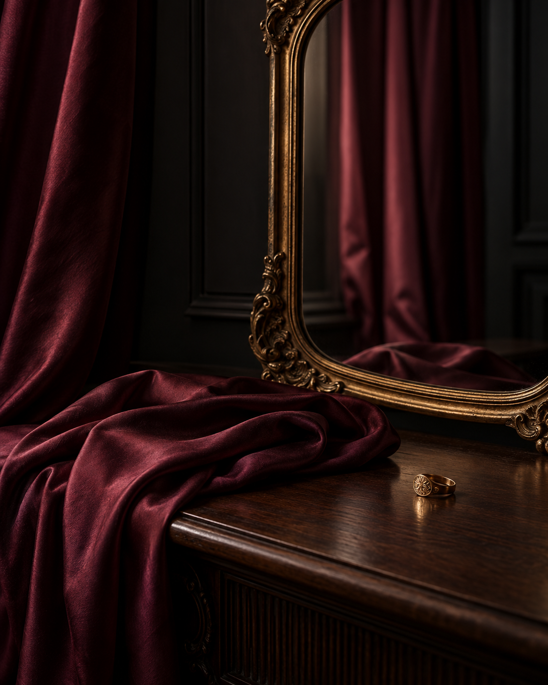 Burgundy silk and a gold ring rest before an antique mirror in a softly lit room.