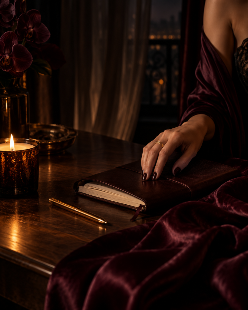 A hand rests on a journal beside a candle and burgundy silk
