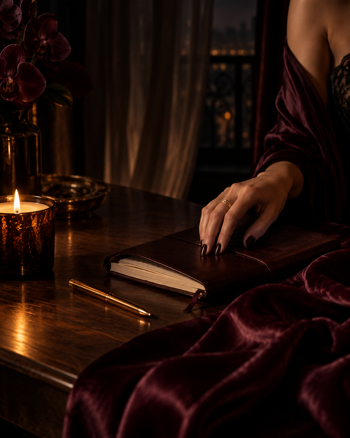 A woman's hand rests on a closed journal beside a candle and burgundy silk in a softly lit room.